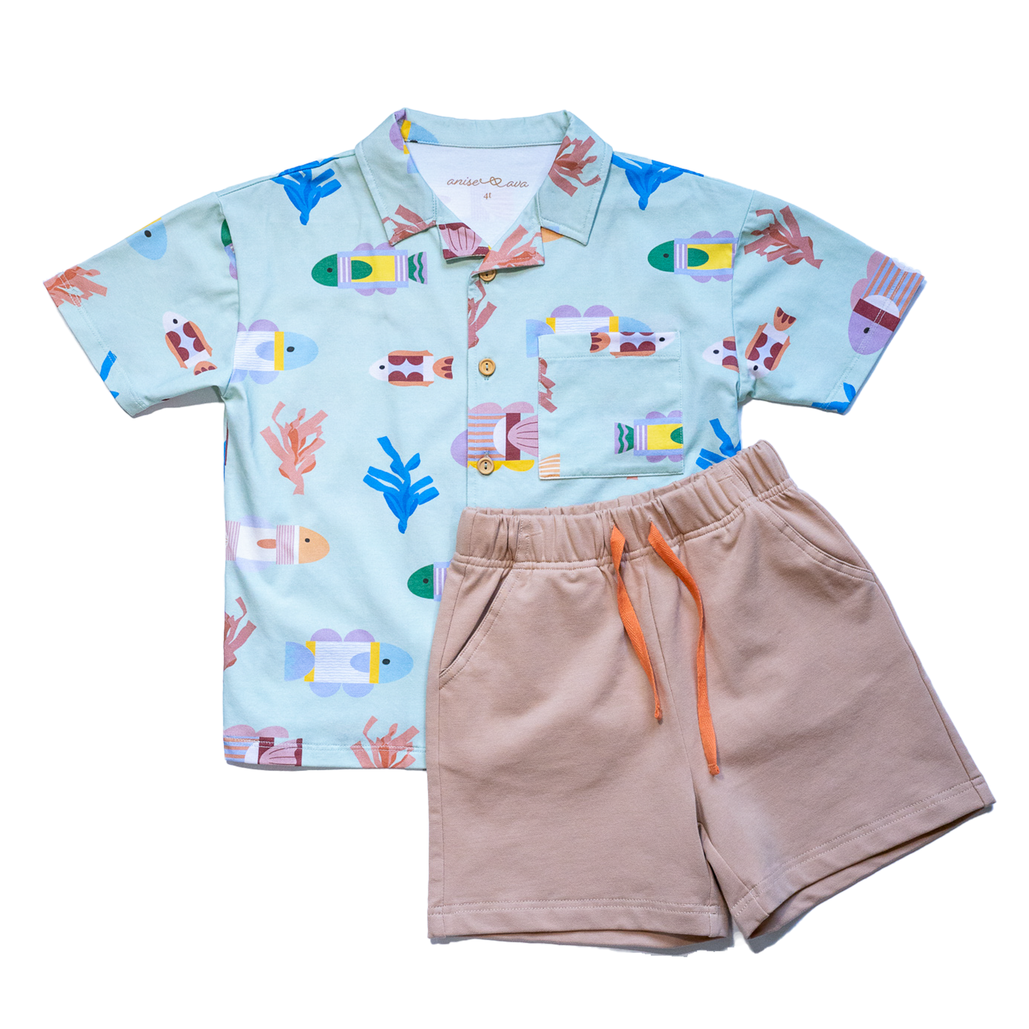 Anise & Ava's Cory button down shirt, designed and made in one of a kind, exclusive hand drawn gender neutral colorful art. Created to match with other siblings' styles. 