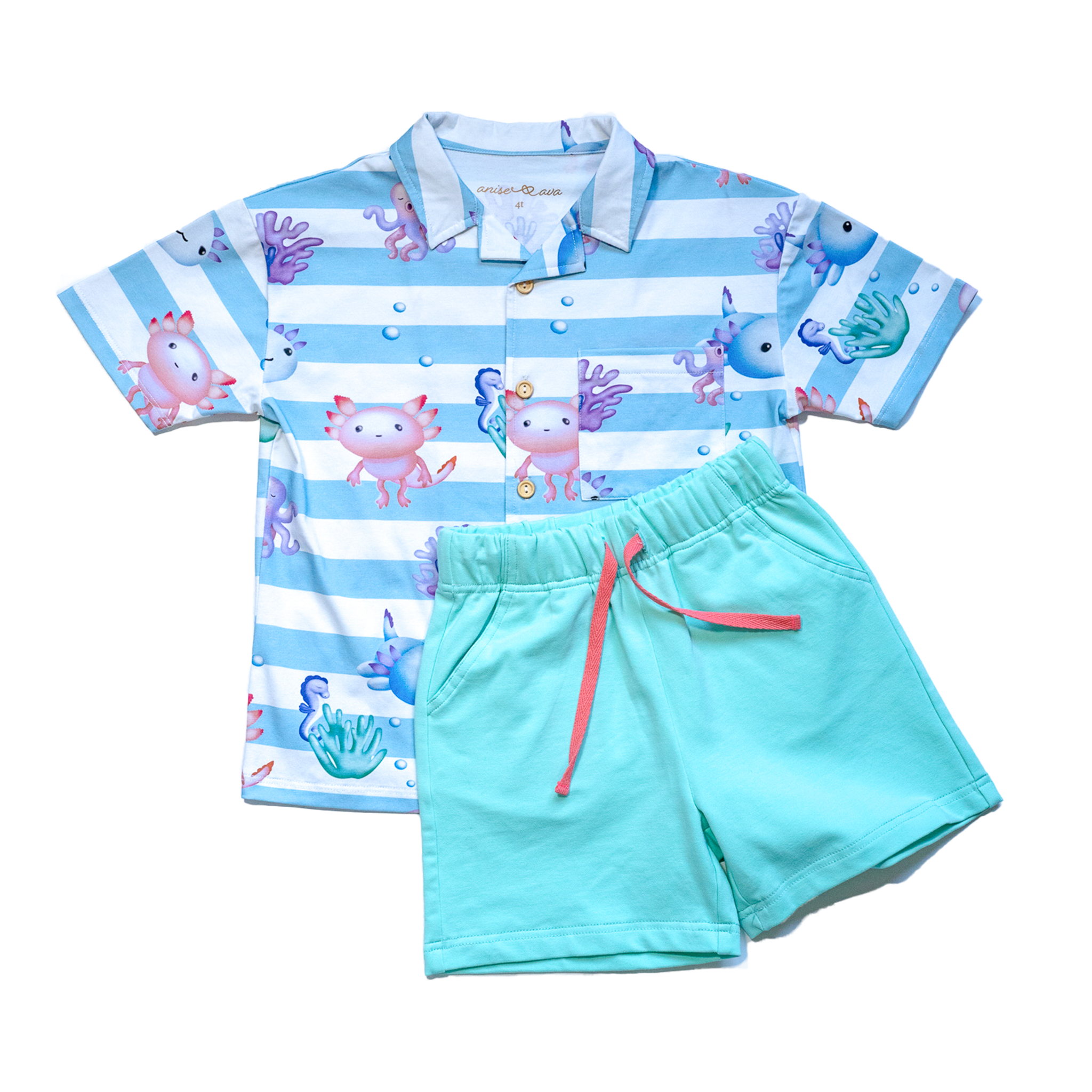 Anise & Ava's Cory button down shirt, designed and made in one of a kind, exclusive hand drawn gender neutral colorful art, featuring a special axolyt. Created to match with other siblings' styles. 