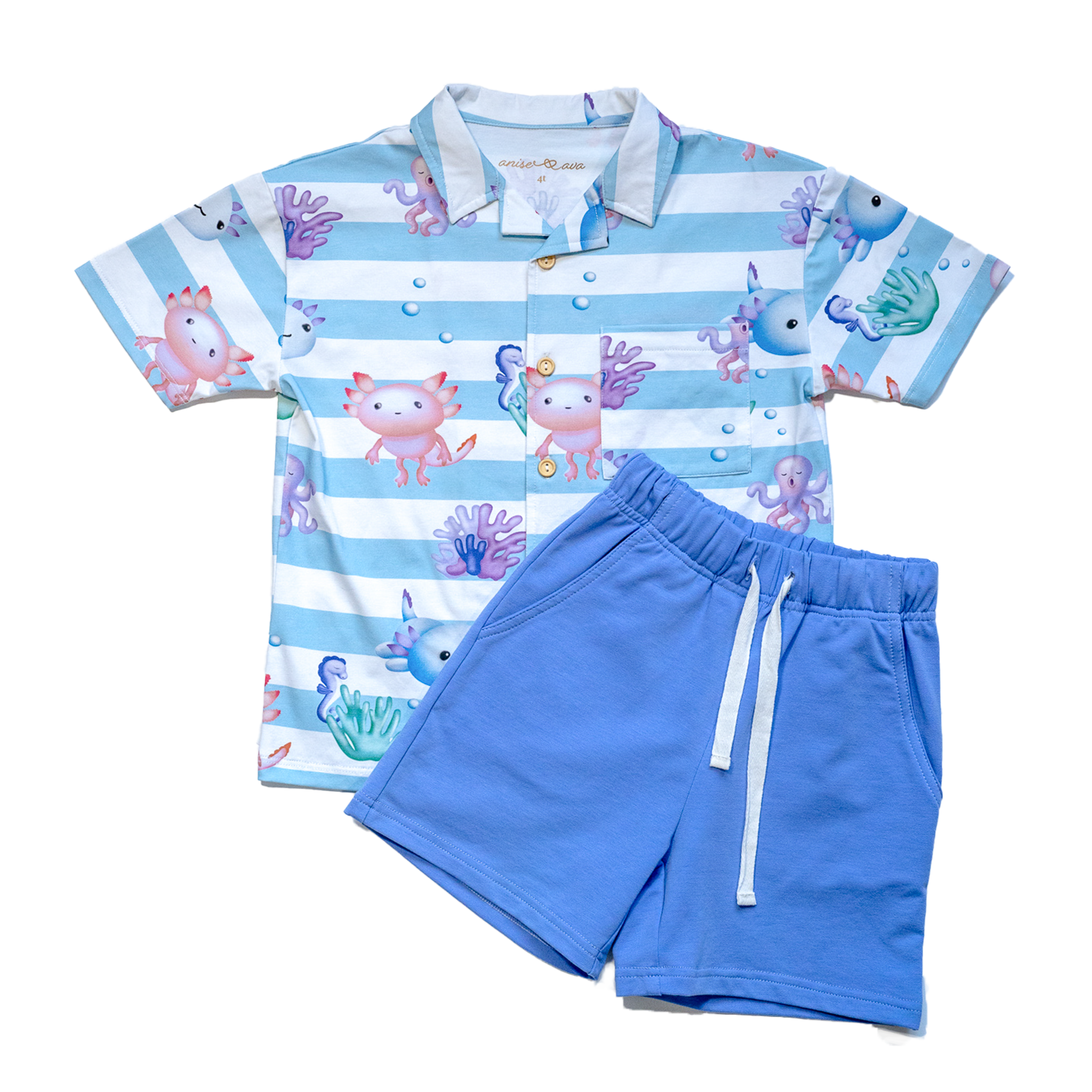Anise & Ava's Cory button down shirt, designed and made in one of a kind, exclusive hand drawn gender neutral colorful art, featuring a special axolyt. Created to match with other siblings' styles. 