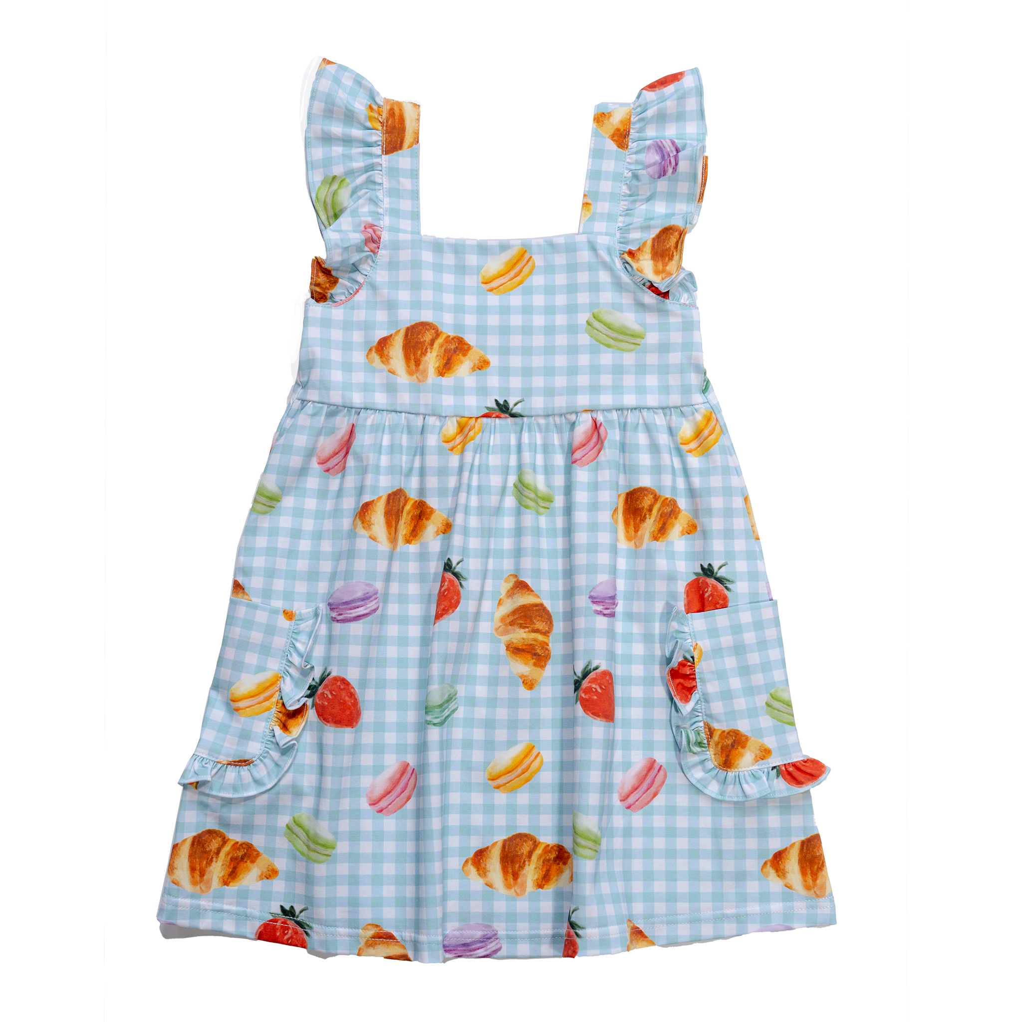 Anise & Ava's Ashley dress with rufles, best seller updated with ruffled pockets, in Picnic Time print, designed and made to match siblings' styles. 