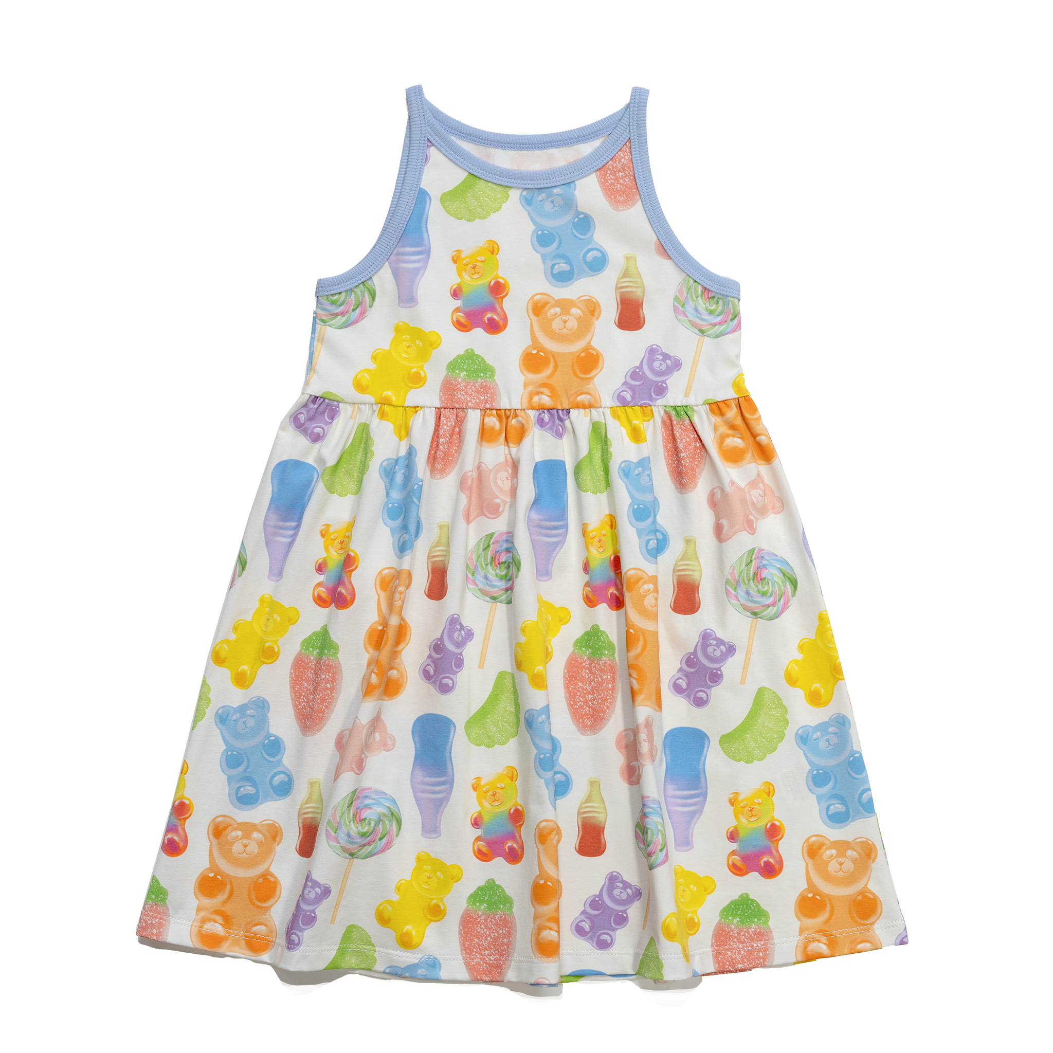Anise & Ava's Sage dress in Gummy Bears for kids, designed with love in an exclusive hand drawn gender neutral colorful art, made to match siblings styles.