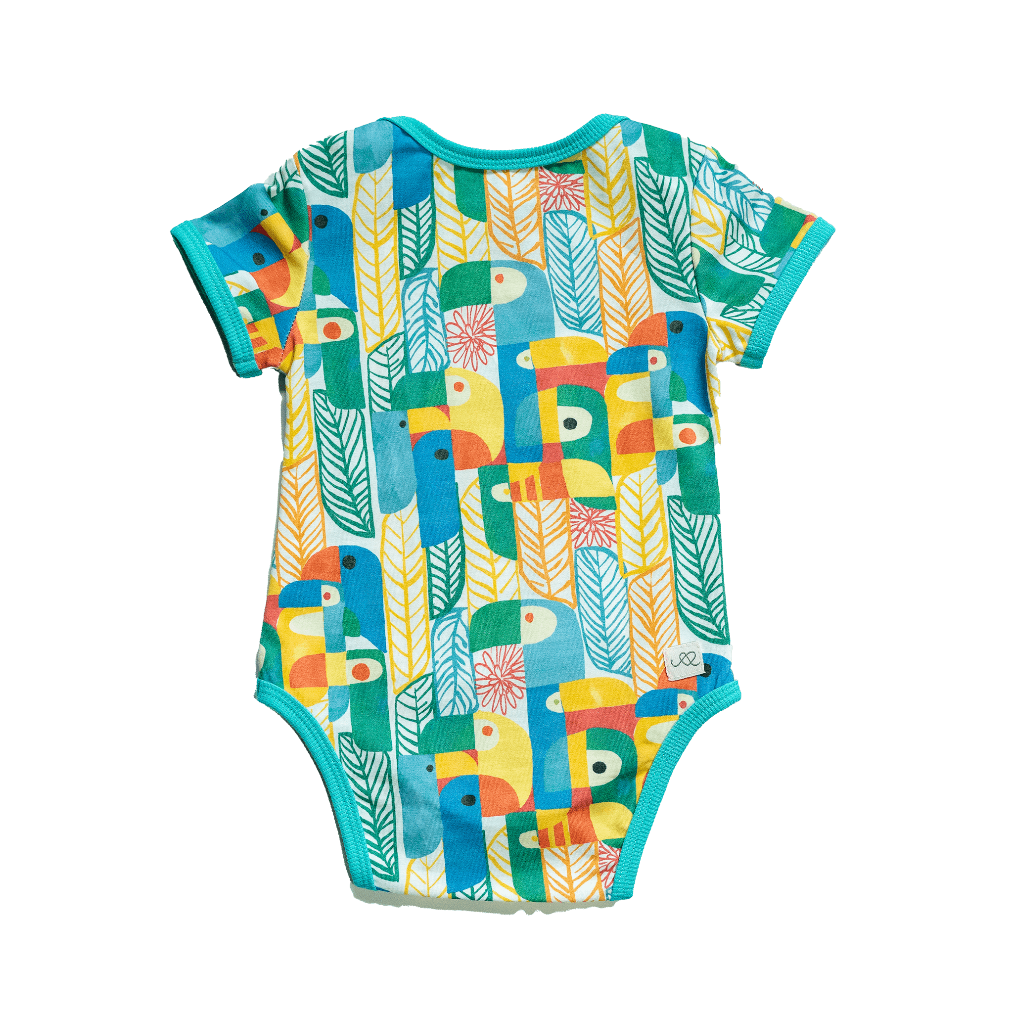 Anise & Ava's gender neutral colorful exclusive artwork designed and drawn in house. Baby snap body in Parrots print made to match siblings' styles in dresses & shirts for all boys & girls. 