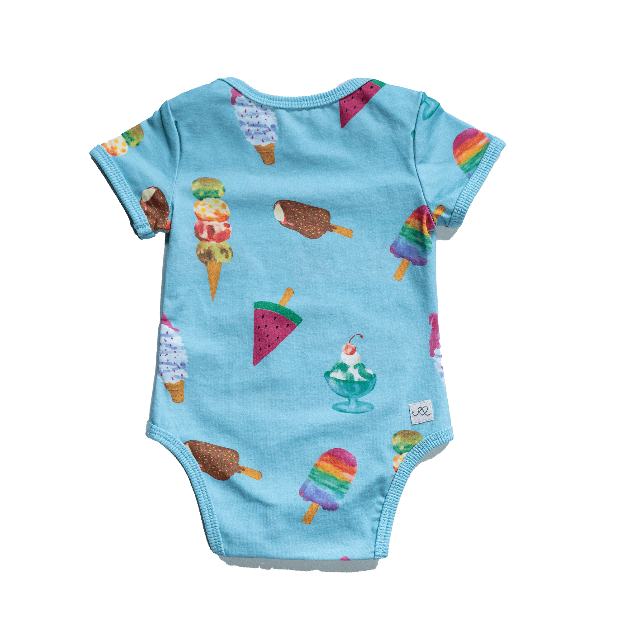 Anise & Ava genderless baby snap body in Sundaes print, designed and hand drawn inhouse. Sundaes is an exclusive print eco friendly printed on the softest cotton. Made to match siblings' styles in kids. 
