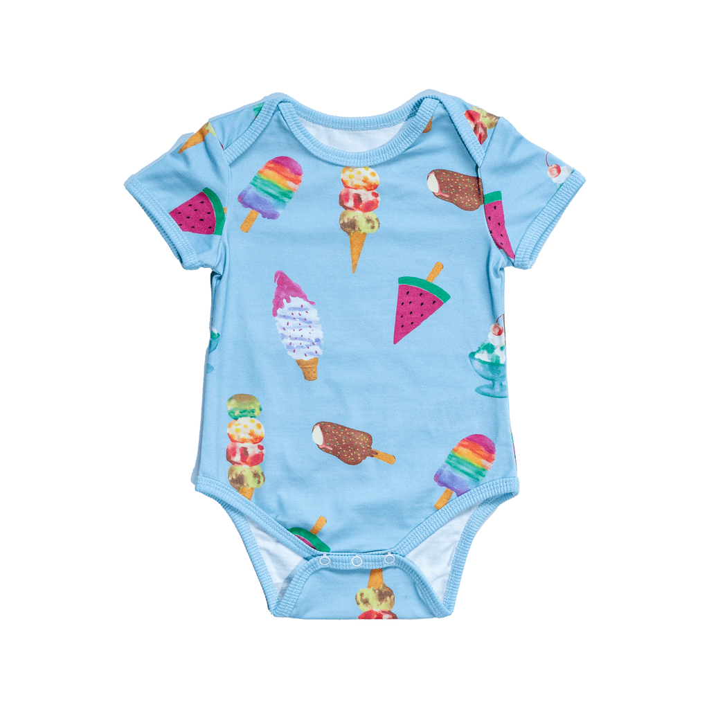 Anise & Ava genderless baby snap body in Sundaes print, designed and hand drawn inhouse. Sundaes is an exclusive print eco friendly printed on the softest cotton. Made to match siblings' styles in kids. 