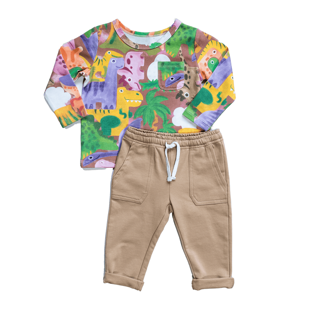 Anise & Ava's exclusive hand drawn print, eco friendly printed on out softest cotton. All prints are designed and made in house, made into core items for both girls and boys of infants to small kids to match.  Paired here with our french terry jogger with pockets. 