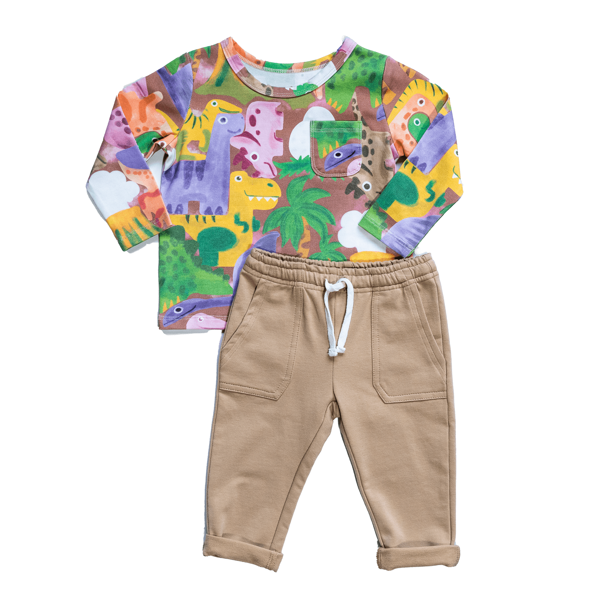 Anise & Ava's gender neutral exclusive printed sweatshirt paired with a Stone colored french terry jogger made for all babies & kids from 3months to 7/8 year olds. 