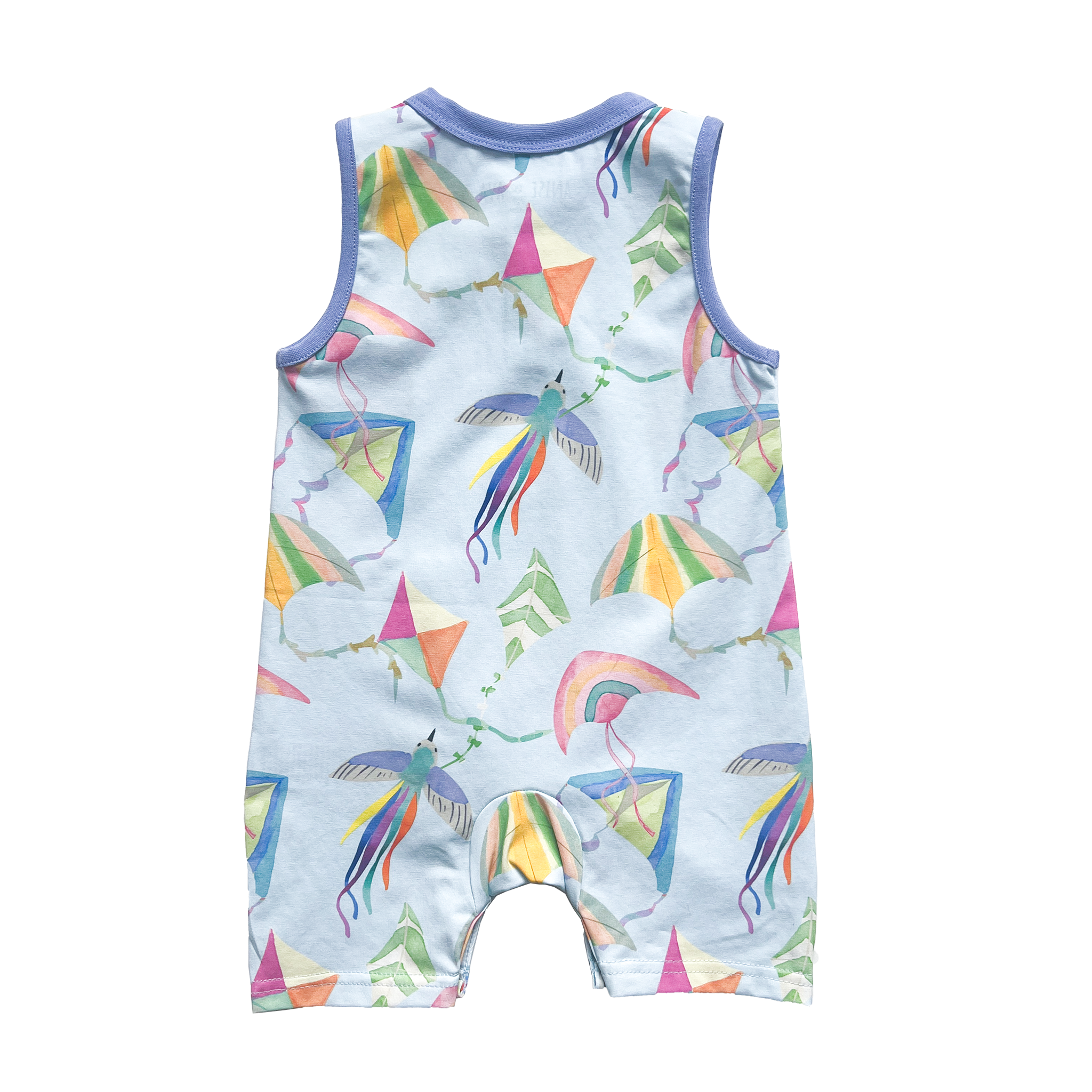 Cleo baby romper in an exclusive hand drawn art, flying kites, by Anise & Ava.