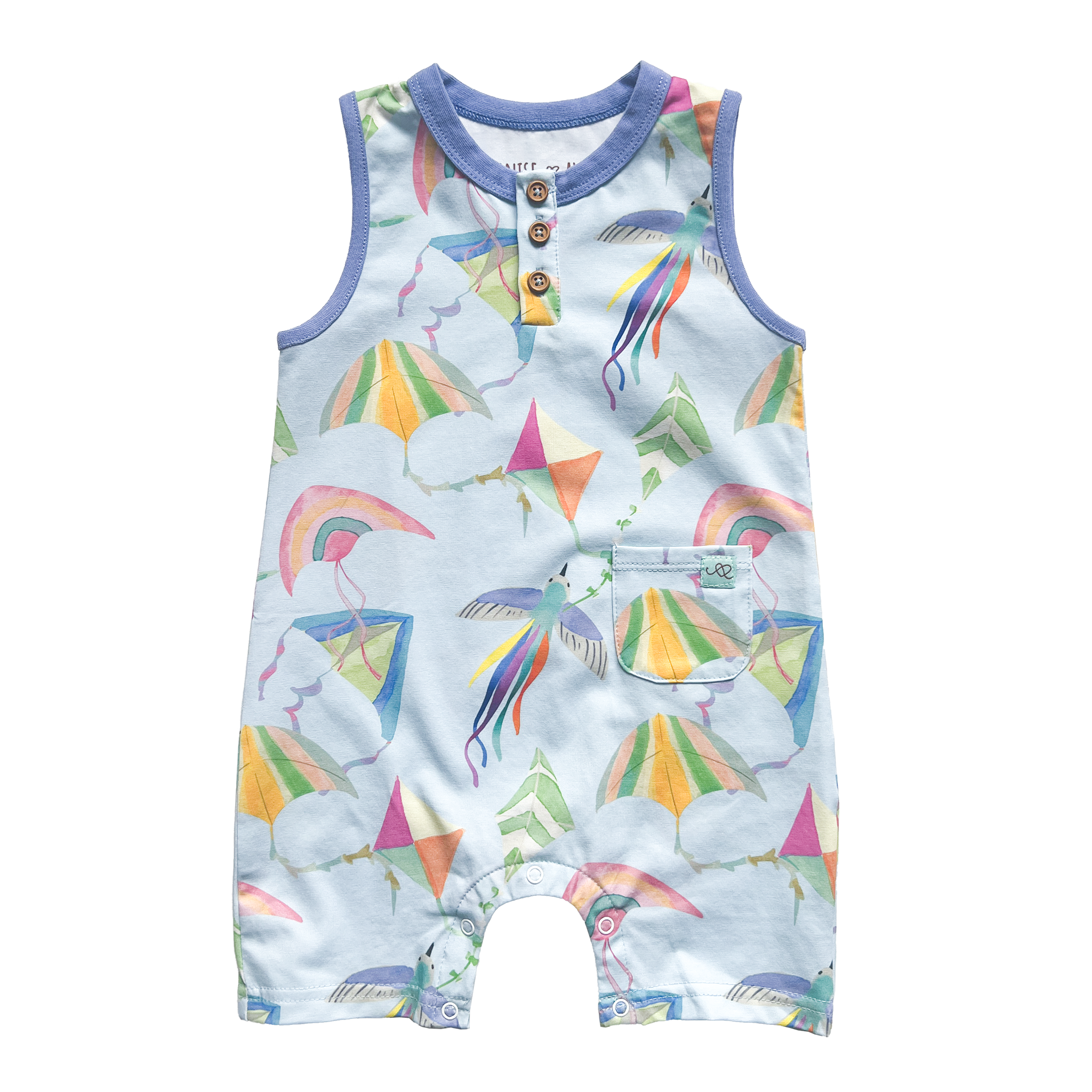 Cleo baby romper in an exclusive hand drawn art, flying kites, by Anise & Ava.