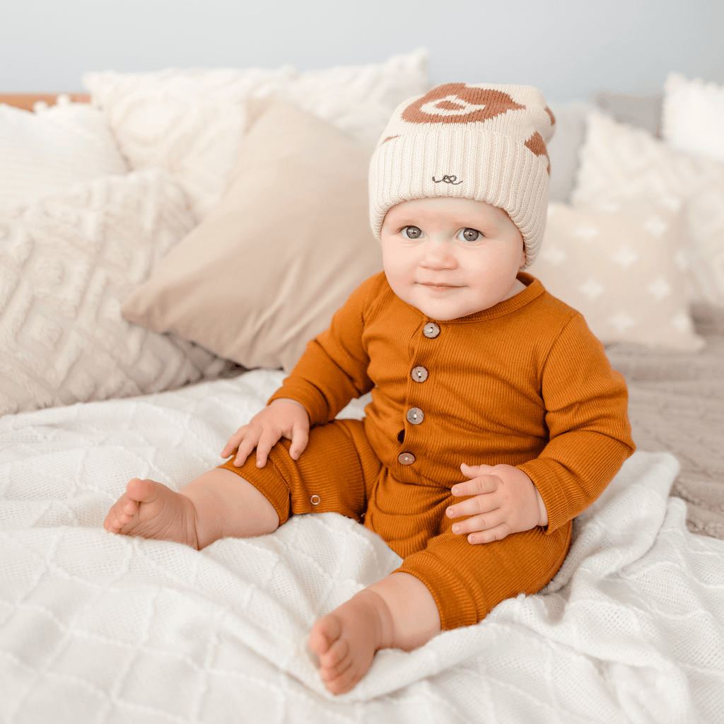 Anise & Ava's cotton cashmere jacquard beanie with motifs pulled out from our own exclusive hand drawn artwork. Made for both babies & kids, boys and girls. Perfect for Fall & Spring with easy care. 