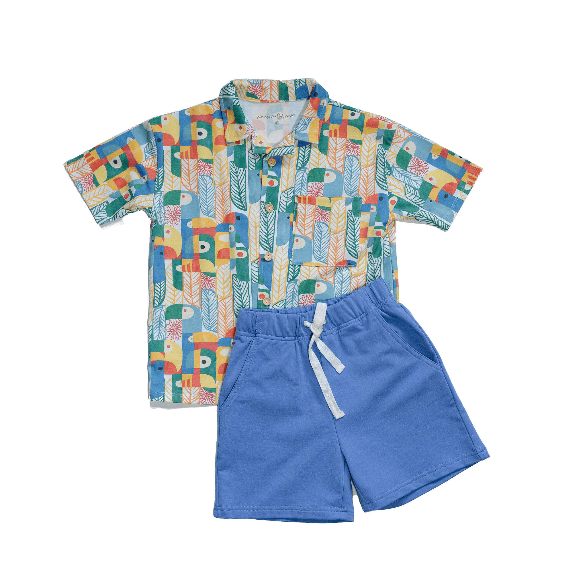 Anise & Ava exclusive hand drawn genderless Parrots print, eco friendly printed on luxury stretch cotton into our new button down collar vacation shirt, here paired with our French terry cornflower shorts. Designed and made to match siblings styles in Journey girls dresses & our best selling baby Wren body onesie. Dress your family in this happy exclusive print made for all boys & girls. 