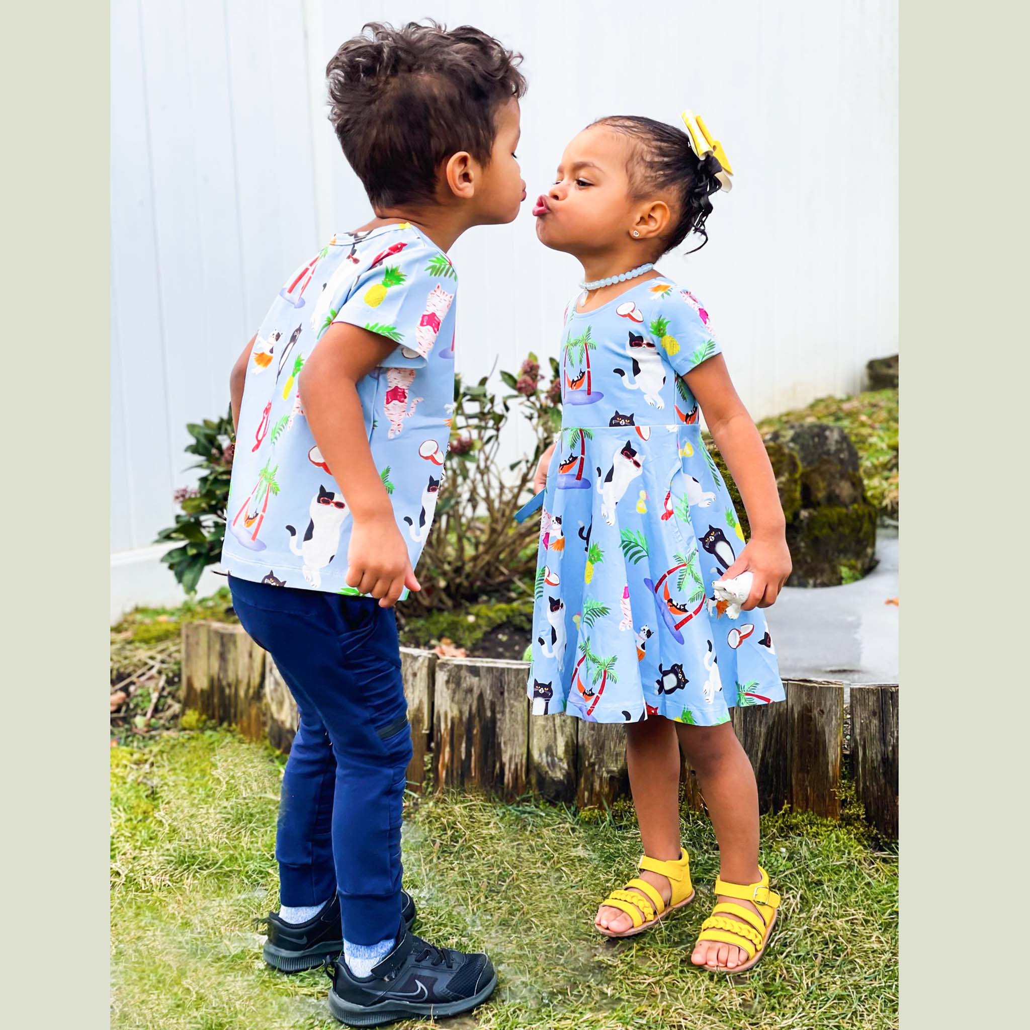 Anise & Ava genderless print on luxury cotton for everyday wear. Print Vacation for all boys and girls with a pocket for treasures. Made with love to match with  siblings. 