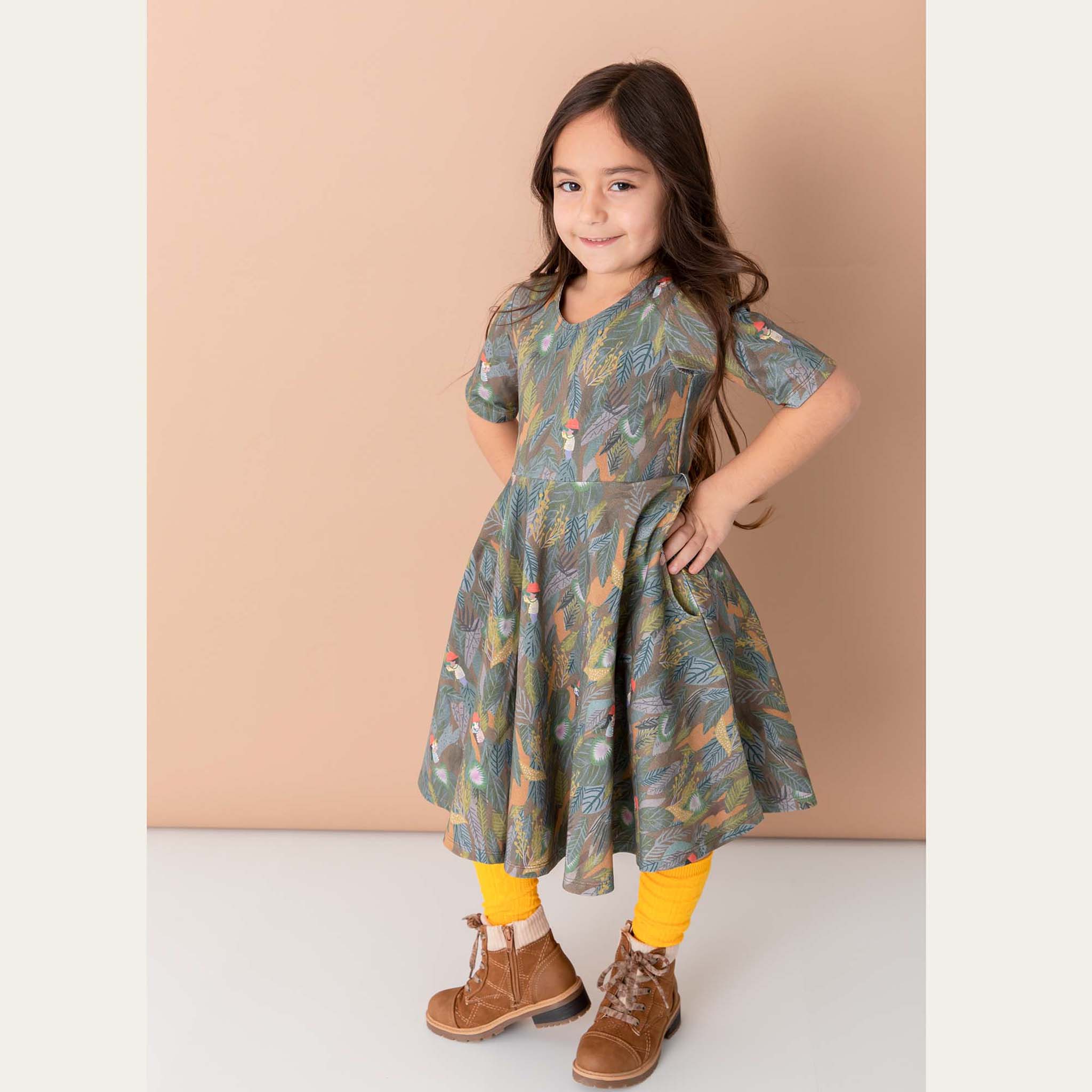 Anise & Ava gender fluid hand drawn artwork Adventurers eco friendly printed, made into elbow sleeves twirl kids' girls' dress. Made with love and made to twin with siblings. 