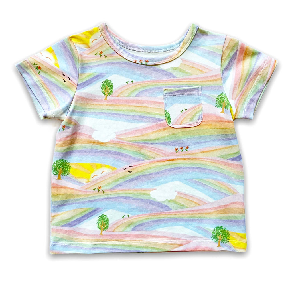 Anise & Ava genderless printed tee in Sunray Rainbow. Front tee with pockets for little treasures. 