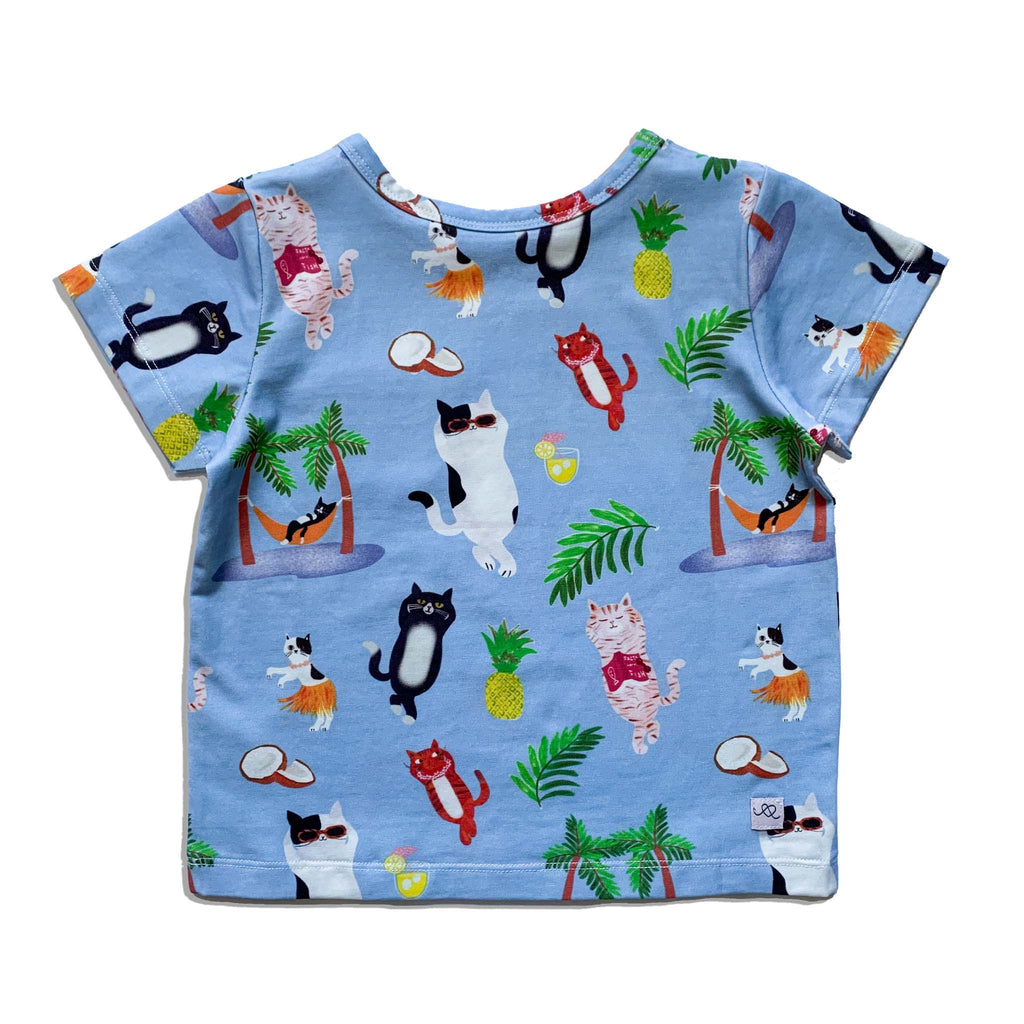 Anise & Ava genderless printed tee in VaCation Kitty cat print back tee with pockets for little treasures.