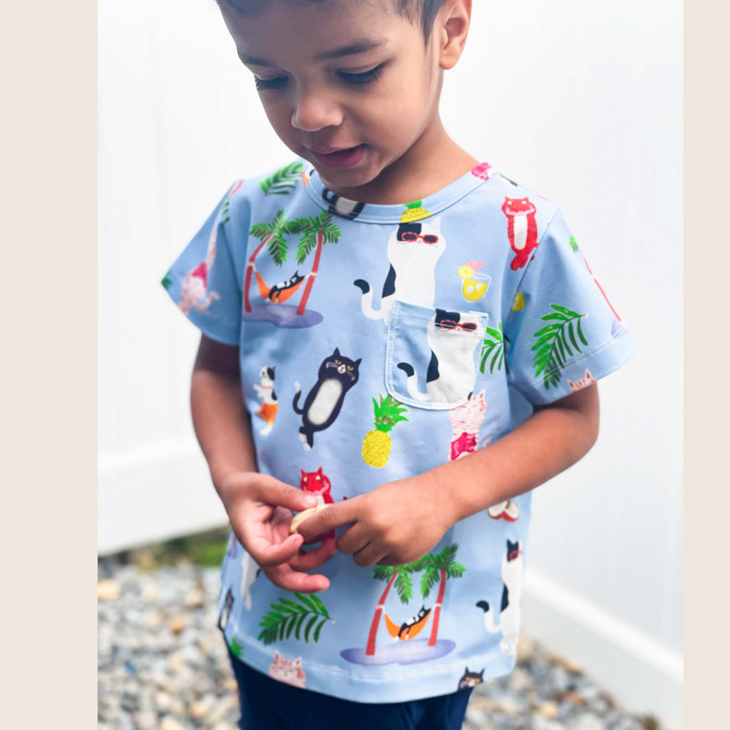 Anise & Ava genderless print on luxury cotton for everyday wear. Print Vacation for all boys and girls with a pocket for treasures. Made with love to match with  siblings. 