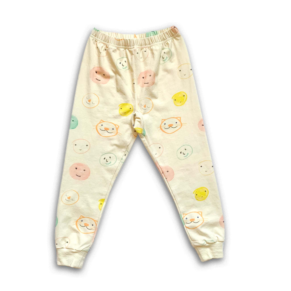 Anise & Ava genderless kids' pajamas pant front in printed luxury cotton in Smiley. Made to match and twin with all siblings. 