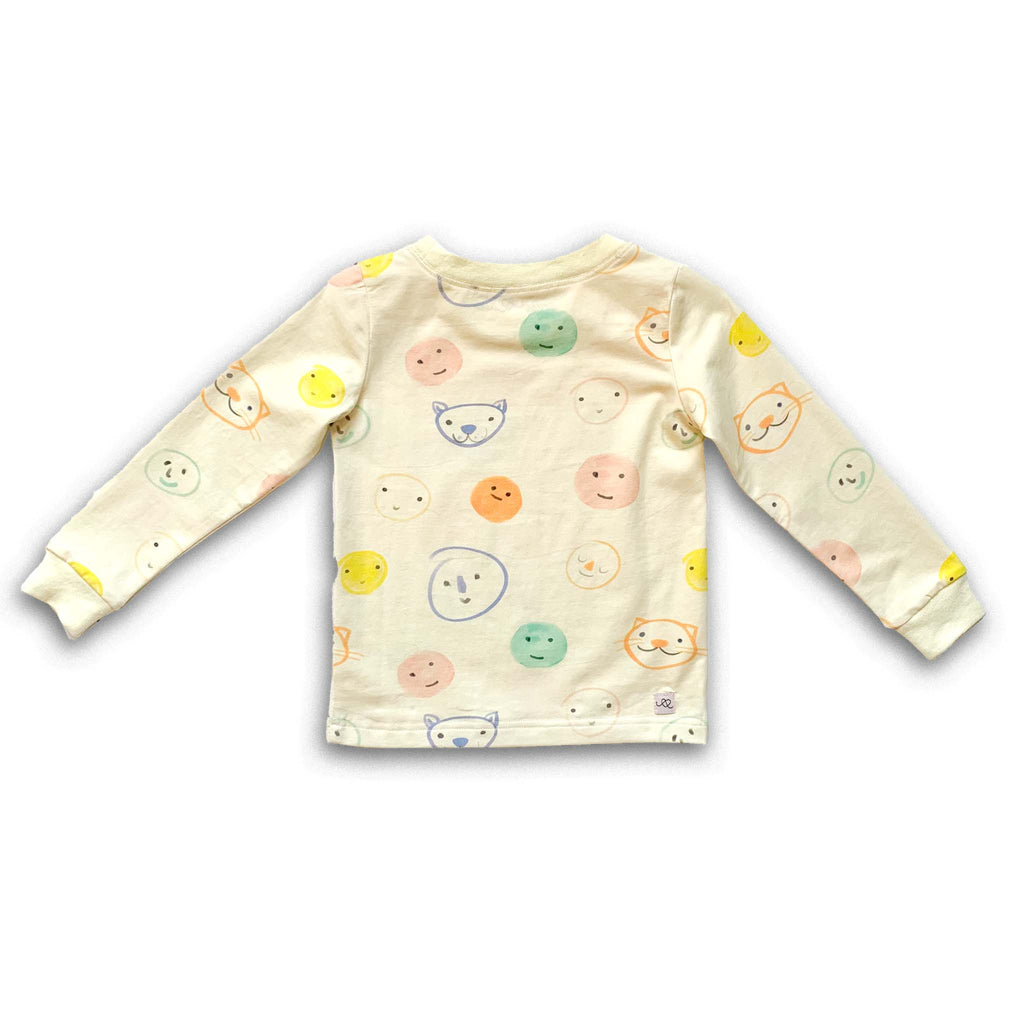 Anise & Ava genderless kids' pajamas top back in printed luxury cotton in Smiley. Made to match and twin with all siblings. 