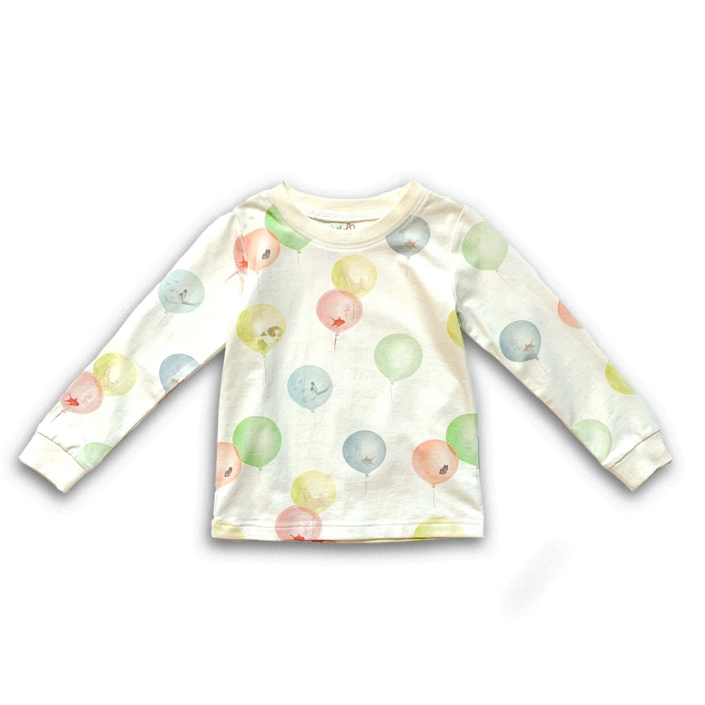 Anise & Ava genderless kids' pajamas top front in printed luxury cotton in Dreamy Bubbles. Made to match and twin with all siblings. 