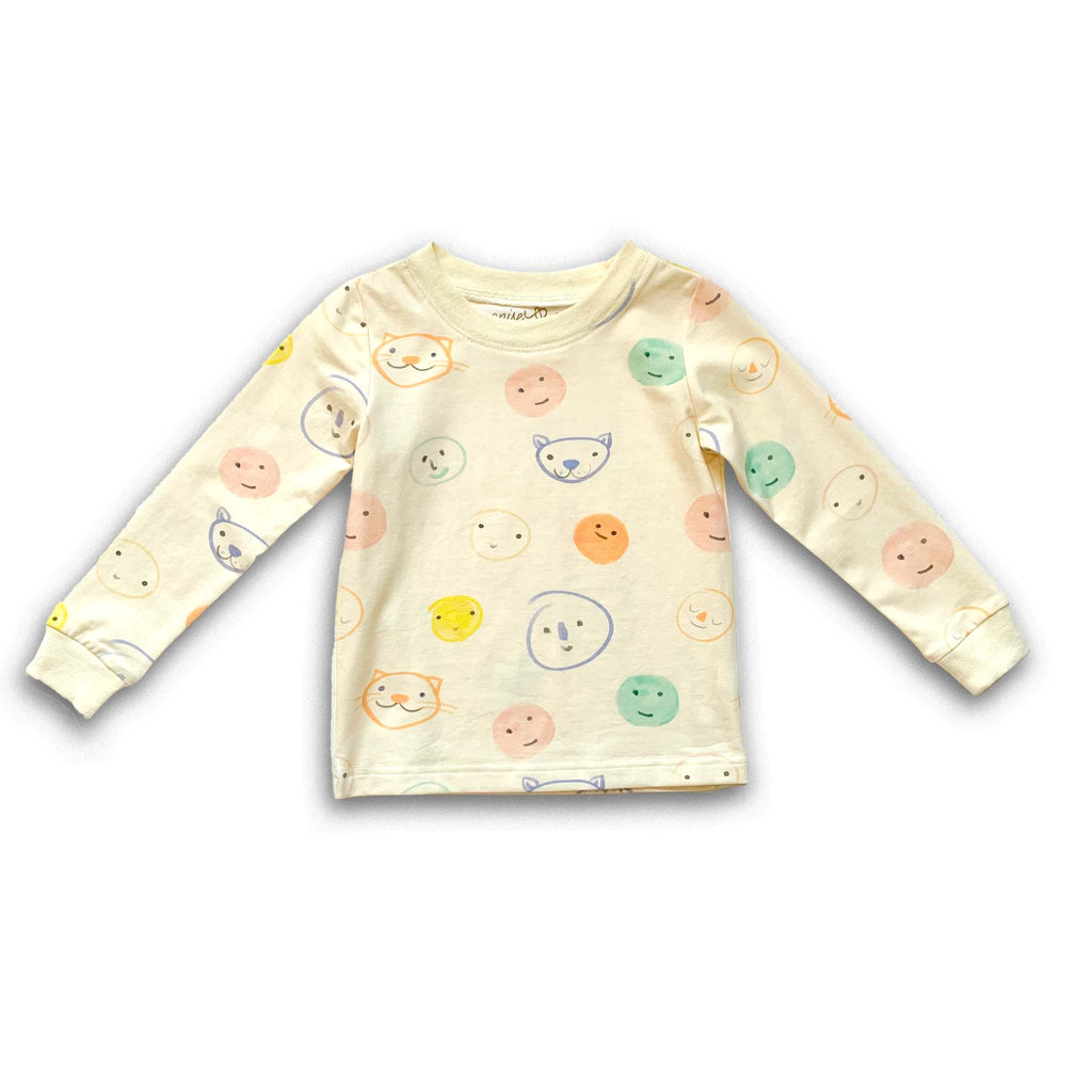 Anise & Ava genderless kids' pajamas top front in printed luxury cotton in Smiley. Made to match and twin with all siblings. 