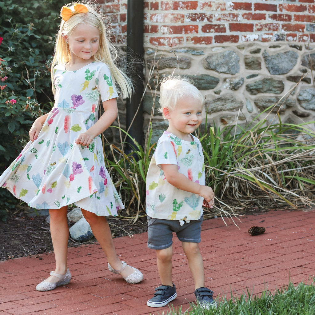 Anise & Ava genderless print Happy Roots in twirl dress style Journey & pocketed tee style "Brooklyn." 
