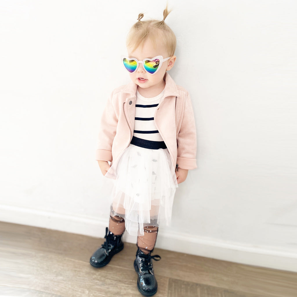 Solid tutu in white and printed birdie lining with metallic black waistband. Perfect bottom to our gender neutral printed tee to dress up and twin with siblings and rest of family by Anise & Ava. 