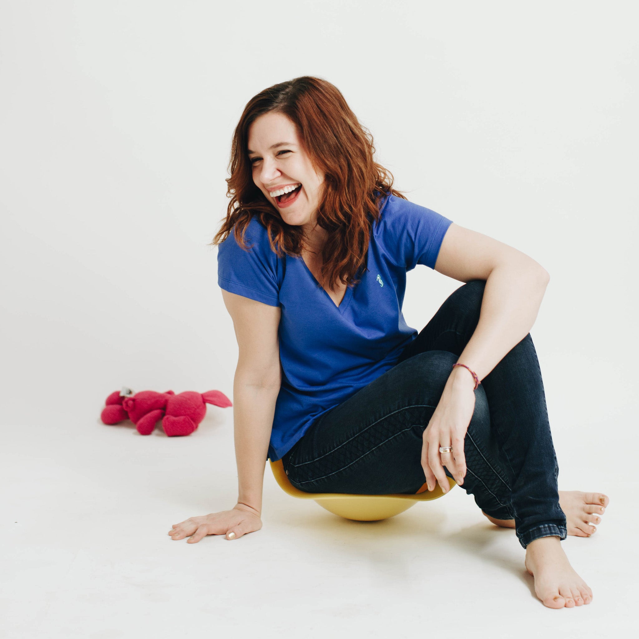 Women' knit cobalt tee with seahorse embroidery, made to match with kids' seahorse printed tees and outfits, as well as to match Ayden men's tee.