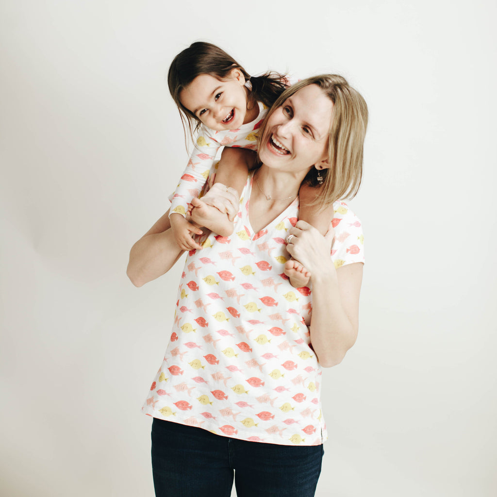 Women's knit V neck tee in Fishes print, made to match with Mommy & Me tees and baby's long john and once dress.