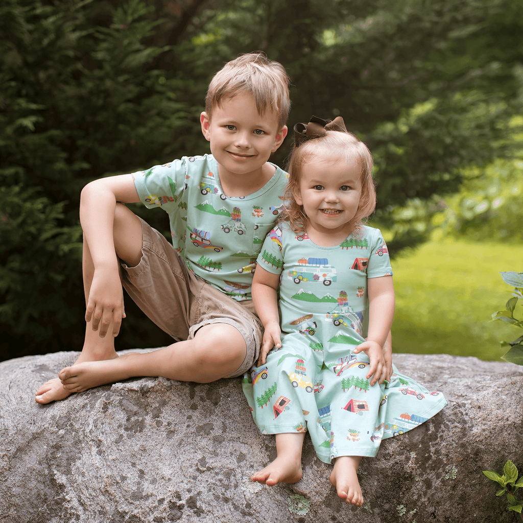 Anise & Ava genderless hand drawn exclusive artwork eco friendly printed on luxury cotton. Anise & Ava short sleeves pocket tee made to match with siblings' styles of baby romper, baby onesie, and kids' dresses or shorts. 