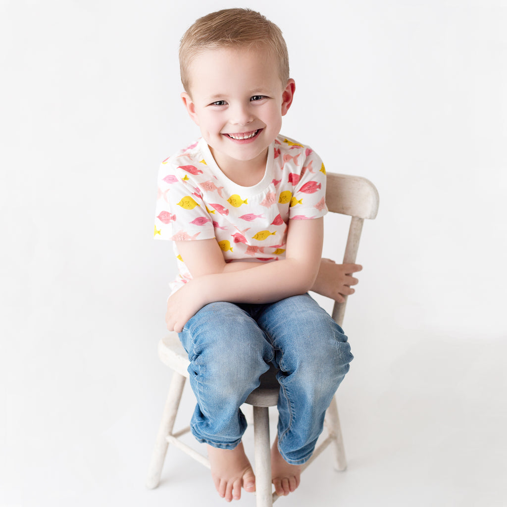 kids' knit tee front in Fishes print, matching with mommy & me and daddy & me tees.