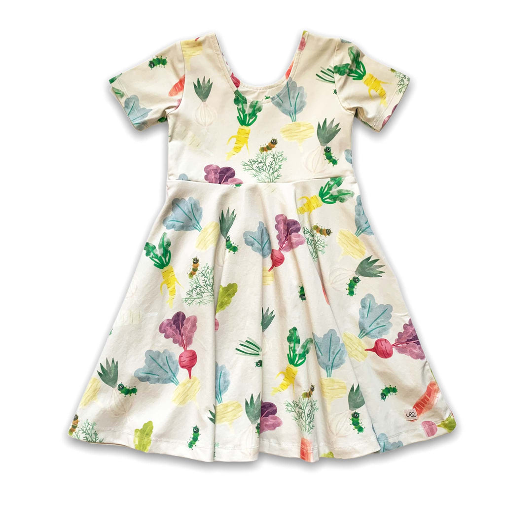 Anise & Ava genderless print Happy Roots vegetables in kids' dress sizes 2,3,4,5,6,7,8T