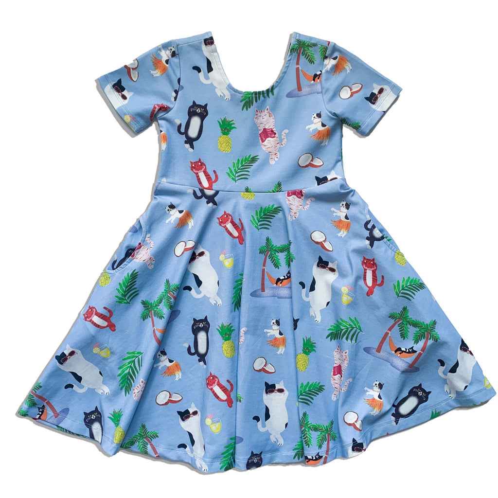Anise & Ava genderless print VaCation in luxury cotton twirl dress back with pockets. Made to match and twin with siblings.