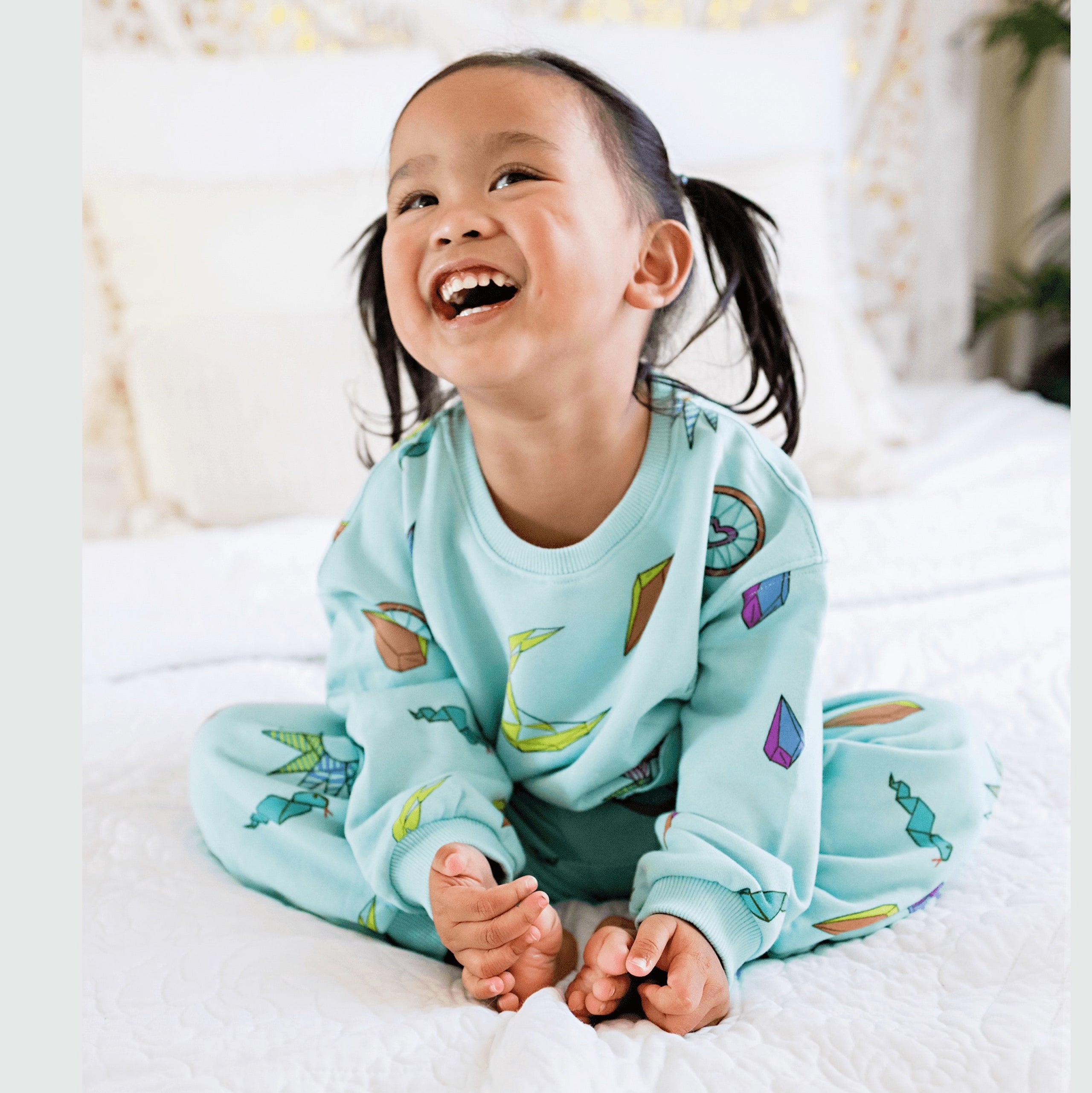 Anise & Ava gender neutral hand drawn art "Charmed" eco friendly printed onto cotton terry kids' pants with pockets. Made with love and made to match siblings. Bottom has a matching top also made with 2 pockets for all the treasures found along adventures. 