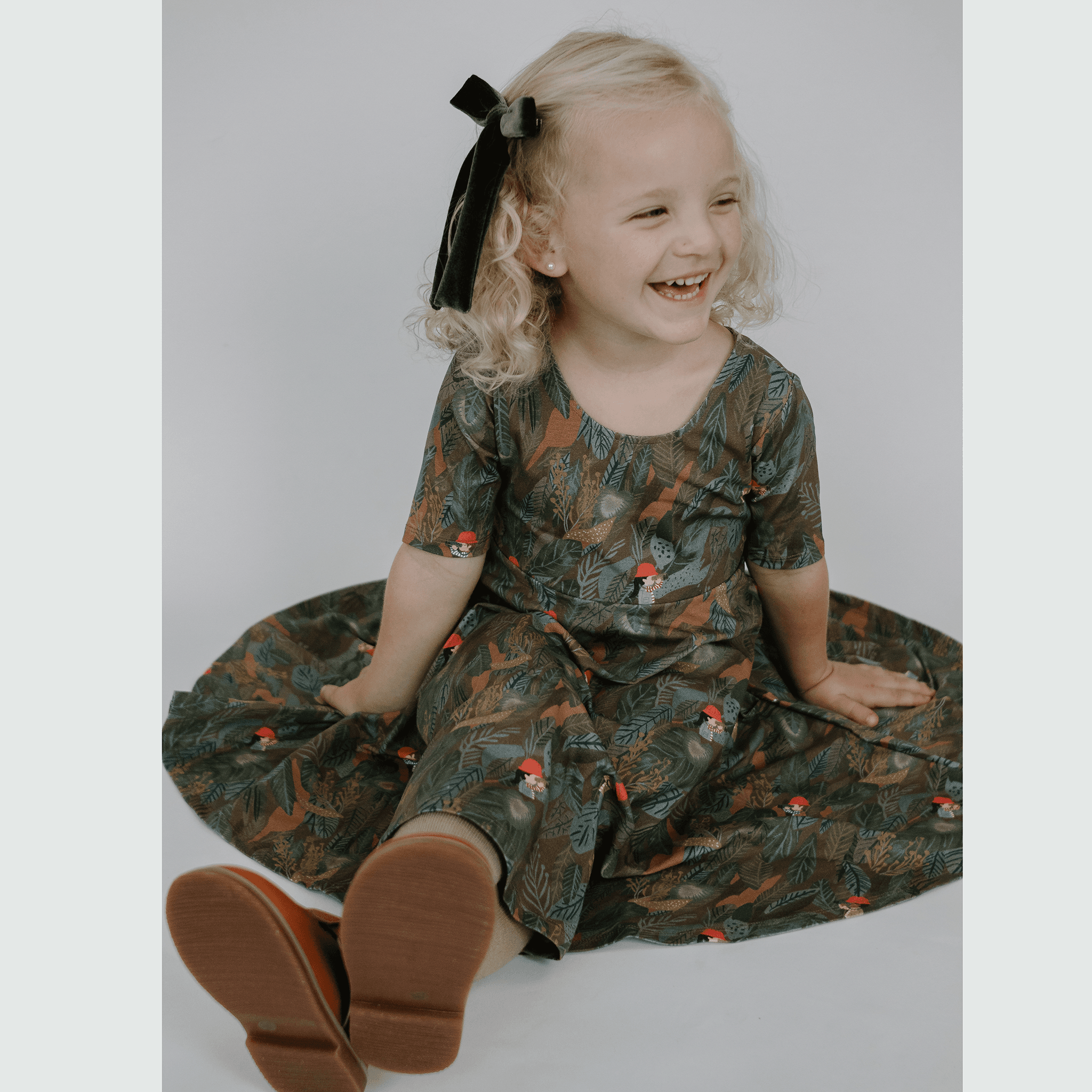 Anise & Ava gender fluid hand drawn artwork Adventurers eco friendly printed, made into elbow sleeves twirl kids' girls' dress. Made with love and made to twin with siblings. 