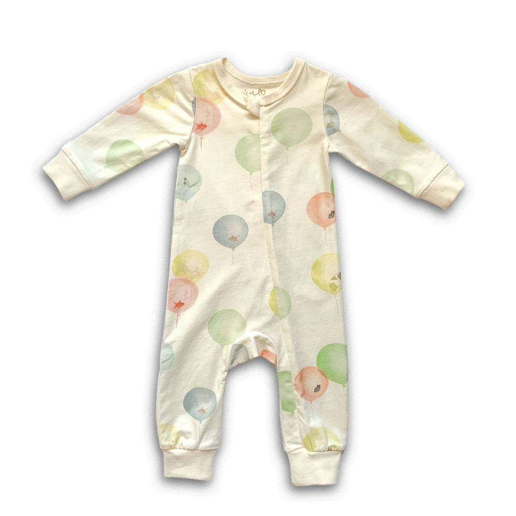Anise & Ava baby zip onesie long johns pajamas in print Dreamy bubbles ballons front for both boys & girls, genderless. 