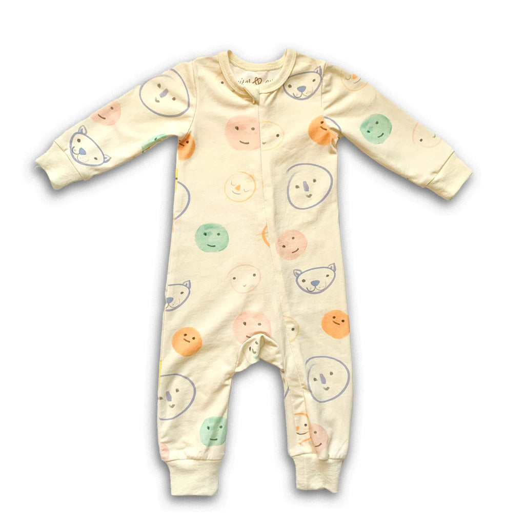 Anise & Ava baby zip onesie long johns pajamas in print Smiley front for both boys & girls, genderless. 