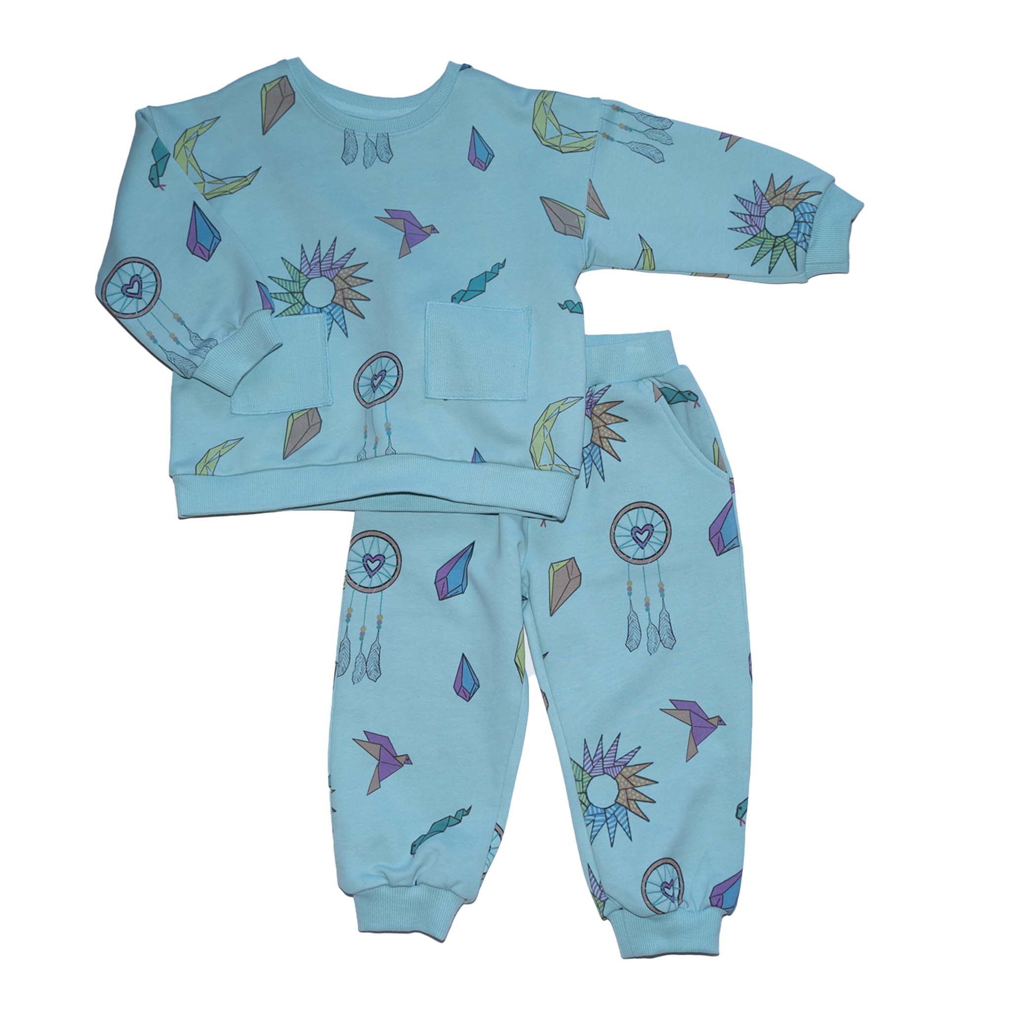 Anise & Ava gender neutral hand drawn art "Charmed" eco friendly printed onto cotton terry kids' pants with pockets. Made with love and made to match siblings. Bottom has a matching top also made with 2 pockets for all the treasures found along adventures. 