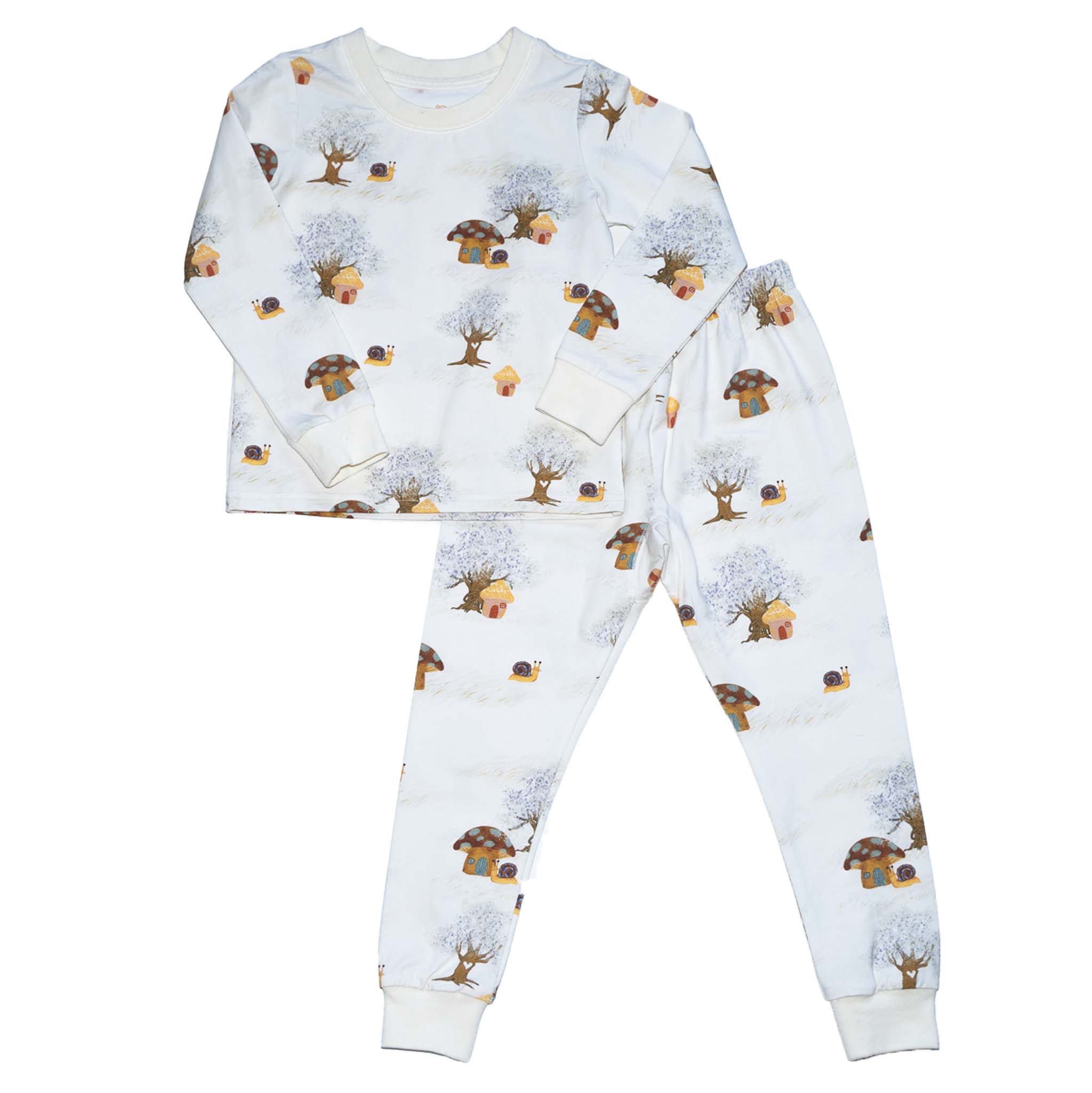 Anise & Ava's gender neutral  2 pieces kids' pajamas made with eco friendly hand drawn print in Magic Mushroom. Made with love and made to twin with siblings. 