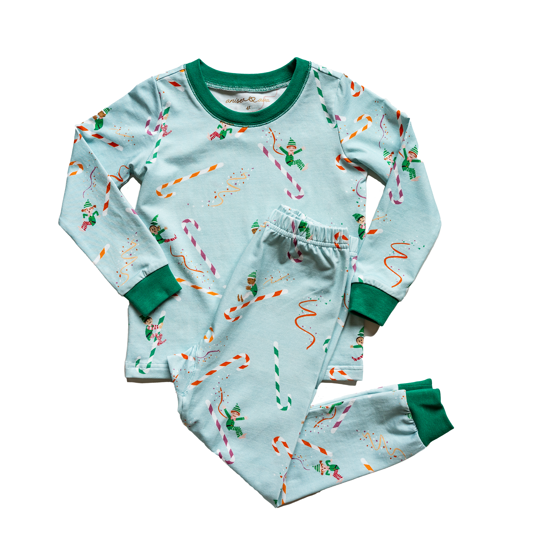 Anise & Ava 2 pcs holiday pajamas made to twin with baby's zip onsie. Created and drawn in house with an exclusive original genderless artwork you won't find anywhere else. Jam up with all the elvies of different skin color and ethnicities sliding down  candy cane slides!!!
