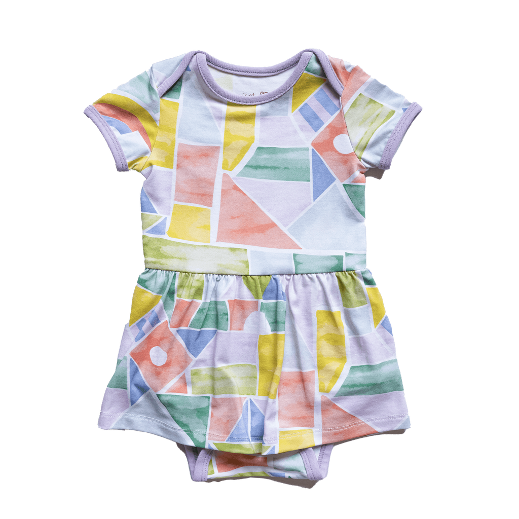 Anise & Ava baby girl onesie dress in gender neutral hand drawn exclusive art eco friendly printed on luxury cotton, in Rainbow Blocks print, made to match with siblings' styles. 