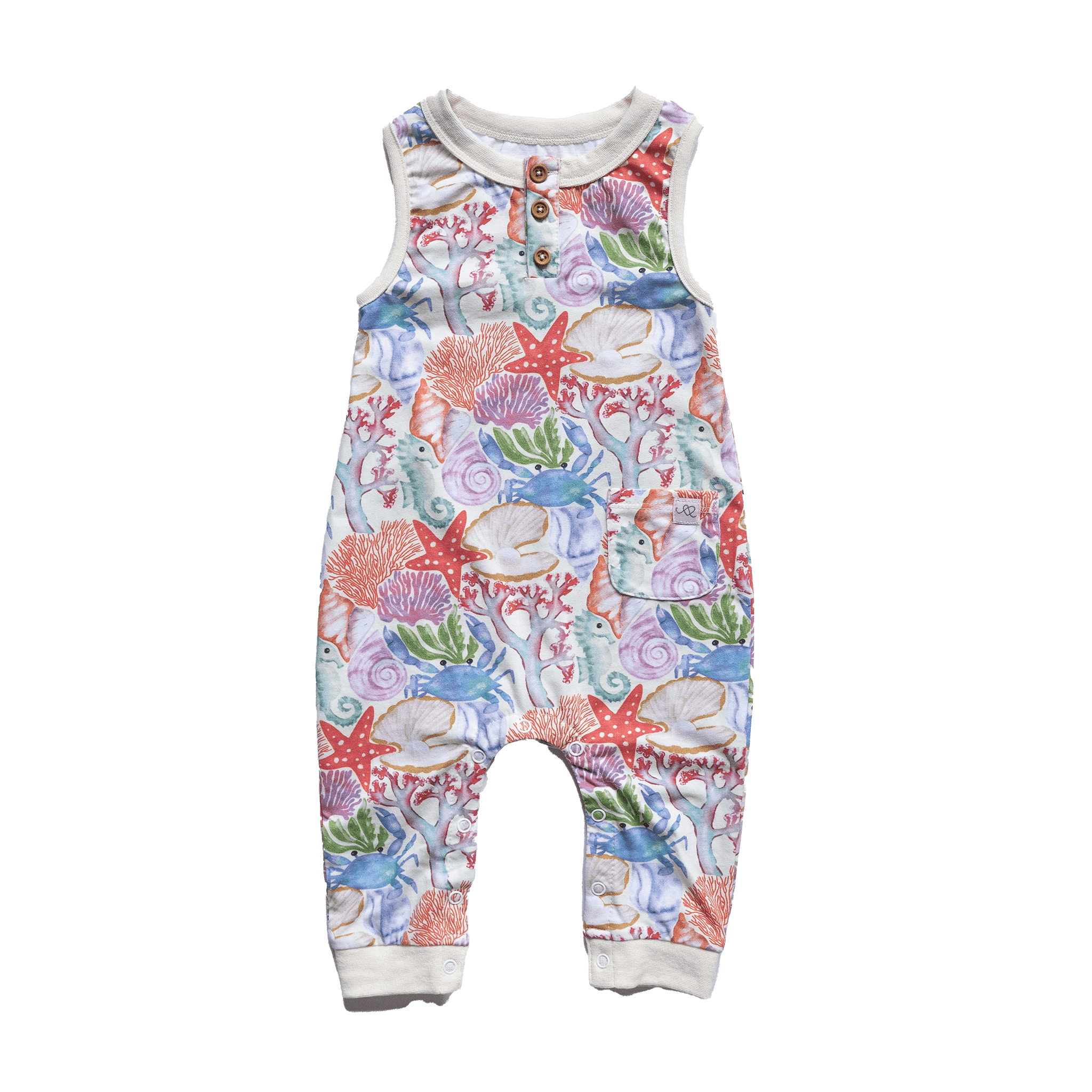 Anise & Ava genderless hand drawn exclusive art, Ocean Puzzle, printed on luxury cotton. Baby romper is perfect for Summer. Made with love and to match with siblings in same ocean puzzle print in tee or dress. 