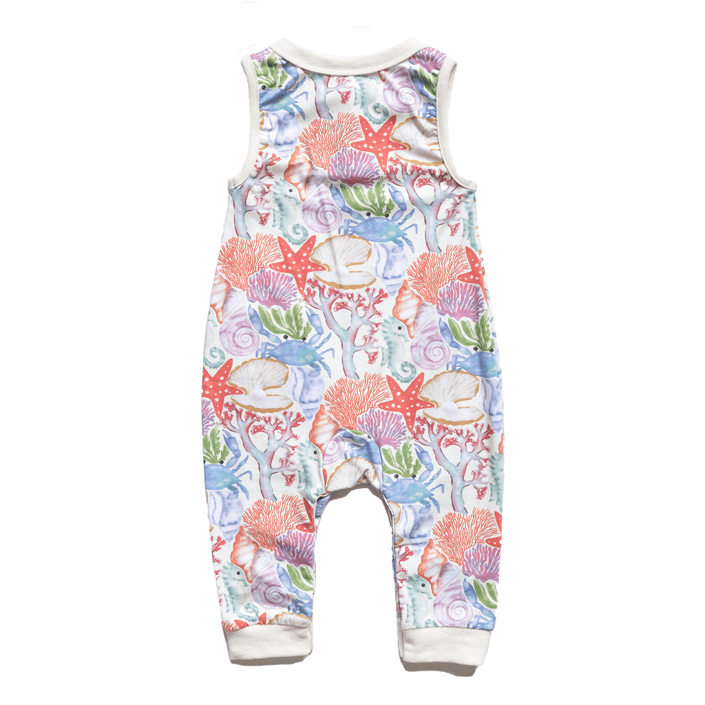 Anise & Ava genderless hand drawn exclusive art, Ocean Puzzle, printed on luxury cotton. Baby romper is perfect for Summer. Made with love and to match with siblings in same ocean puzzle print in tee or dress. 