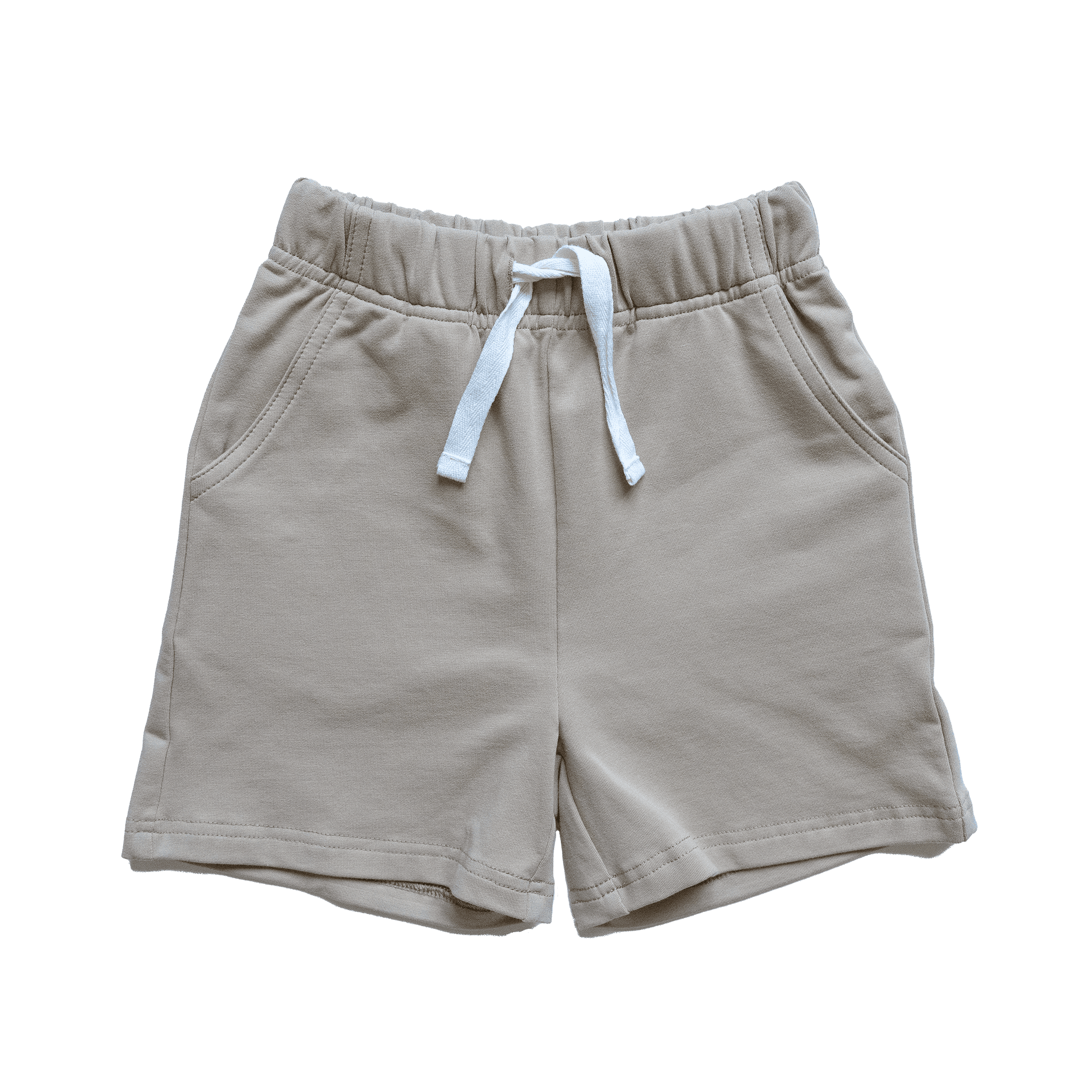Anise & Ava genderless stretch cotton terry shorts in Stone color. Made for all boys & girls with a longer inseam for tumbling all day long. Shorts available for babies to 7/8 year old. 