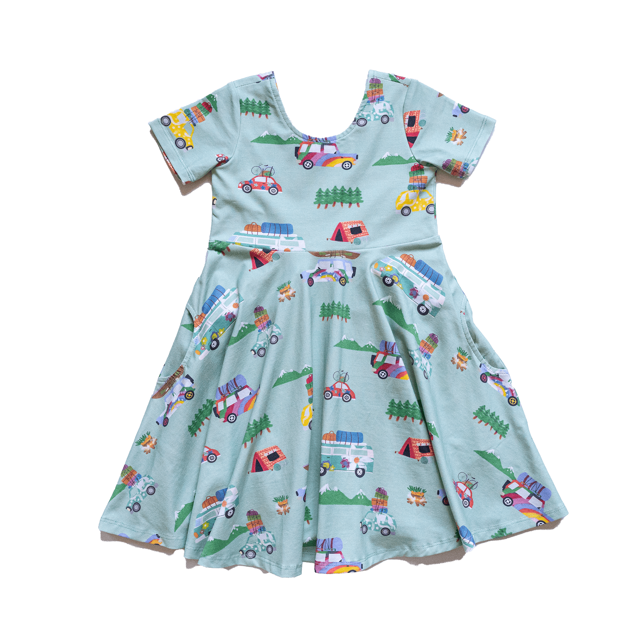 Anise & Ava genderless hand drawn exclusive artwork, eco friendly printed on luxury cotton. Anise & Ava short sleeves pocketed twirl full circle dress, designed to match with siblings' styles, baby onesies, body, and kids' tee and shorts. 