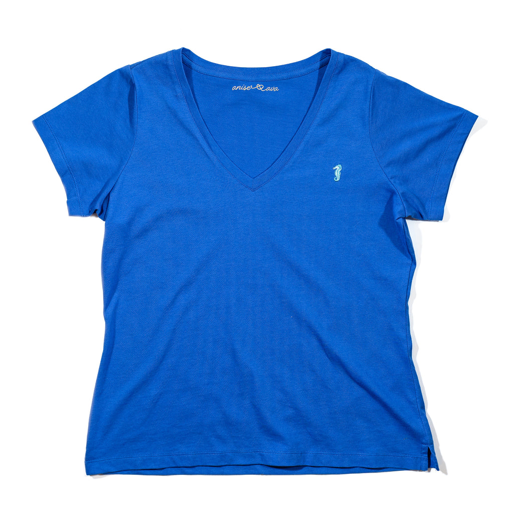 Women' knit cobalt tee front with seahorse embroidery, made to match with kids' seahorse printed tees and outfits, as well as to match Ayden men's tee.
