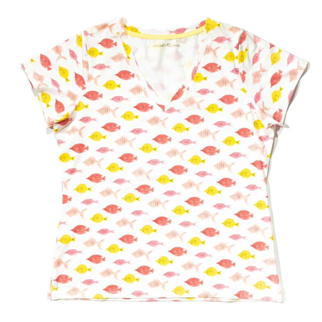 Women's knit V neck tee front in Fishes print, made to match with Mommy & Me tees and baby's long john and once dress.