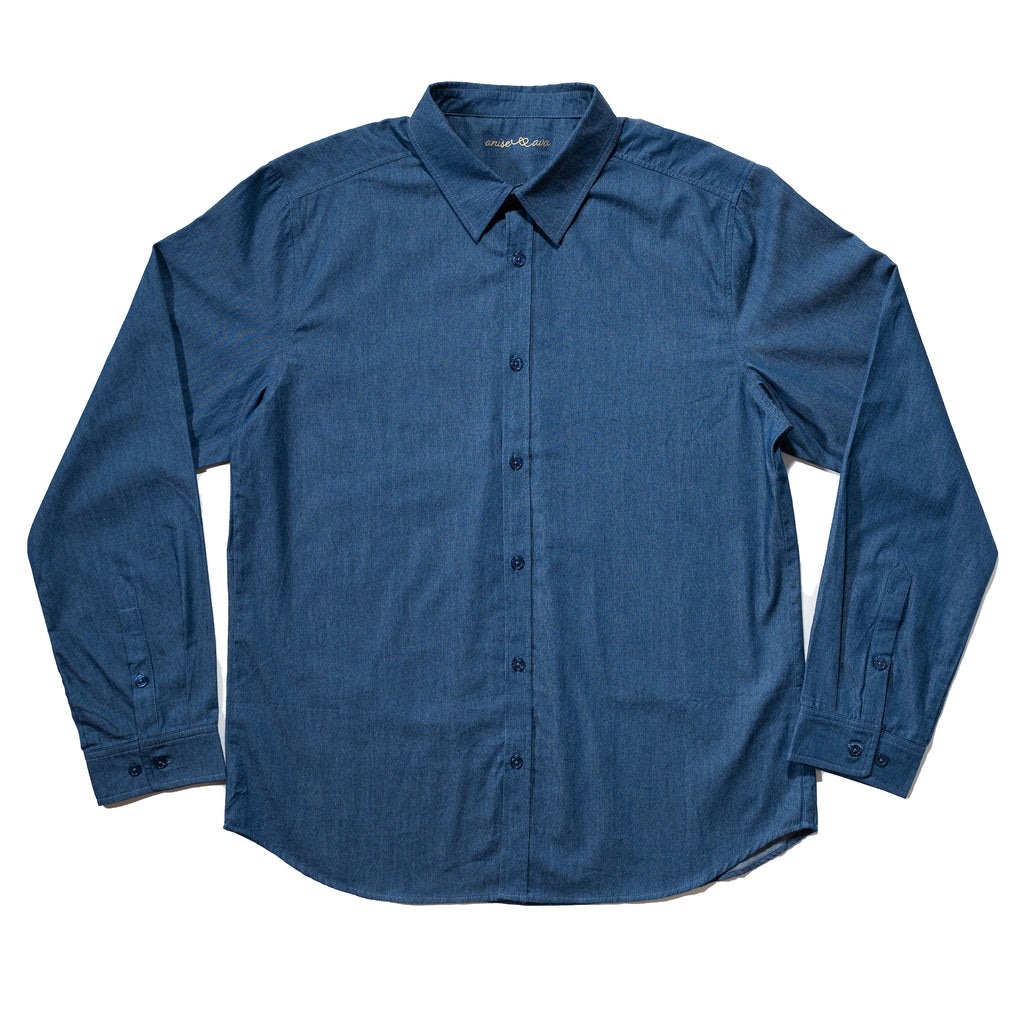 Mens' button down long sleeve chambray shirt, made to match with daddy & me boys' shirt, girls' dress, as well as women's chambray shirt. 