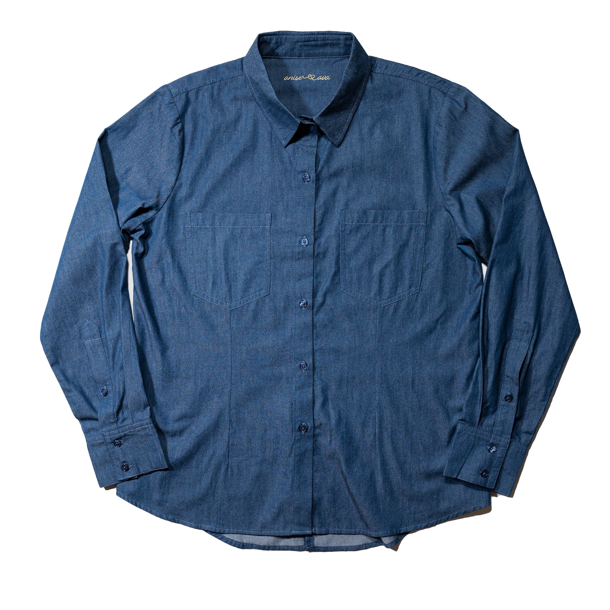Women's chambray button down shirt with split back details, to match to kids' chambray shirt and dress, as well as men's button down chambray shirt. 