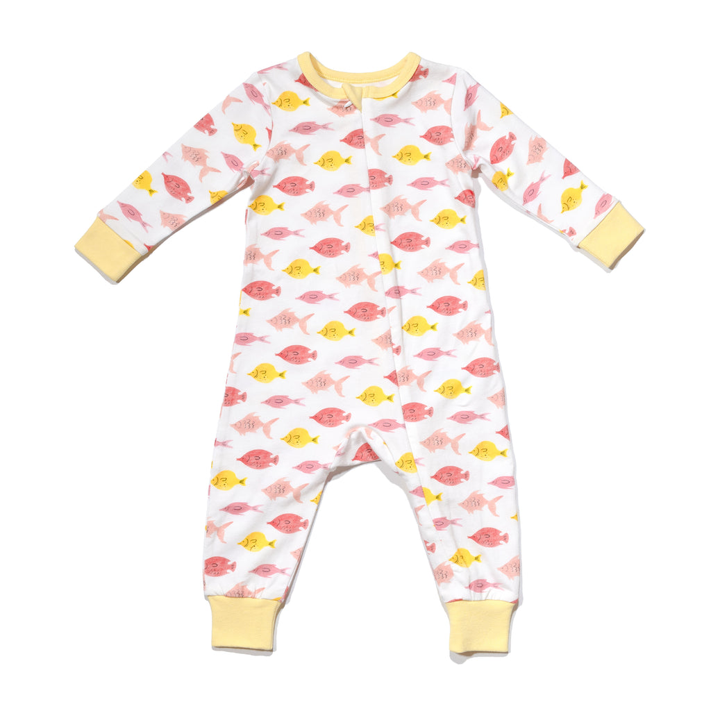 baby's knit zip front long john in Fishes print, made to match with mommy & me, daddy & me, and siblings' outfits.