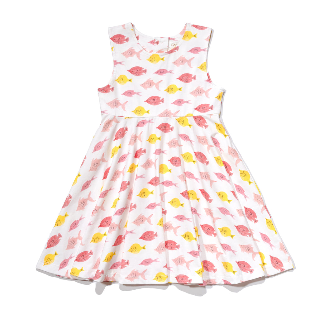 Girls' knit swirl dress front in fishes print, to match with Mommy & me, daddy & me, and siblings' outfits. 