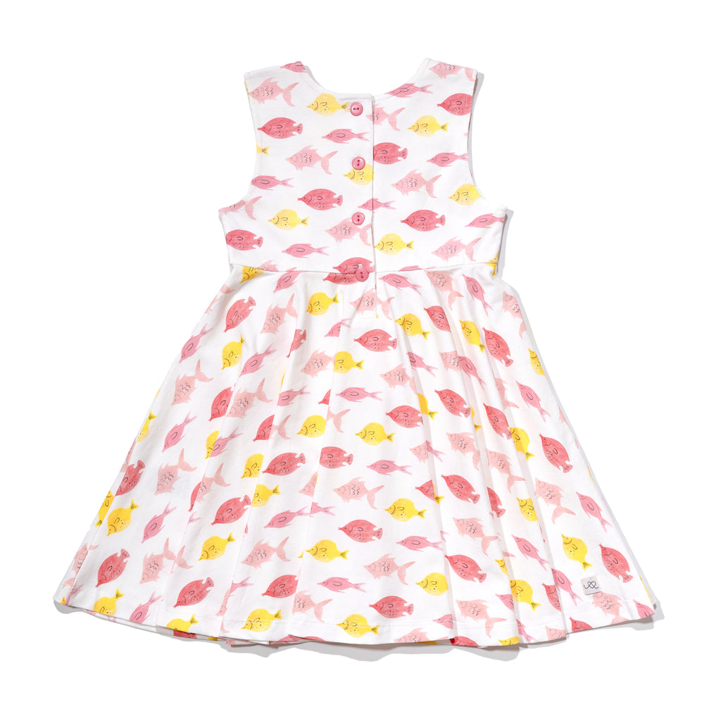 Girls' knit swirl dress back in fishes print, to match with Mommy & me, daddy & me, and siblings' outfits.